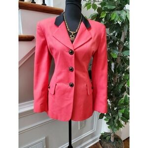 Vintage Oleg Classini Red Polyester Long Sleeve Fitted Single Breasted Blazer 6